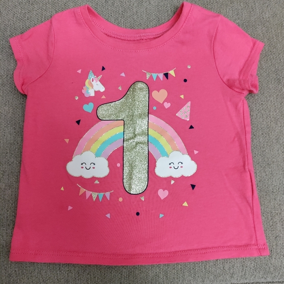 First birthday shirt, "1" pink and gold, unicorns, rainbows
